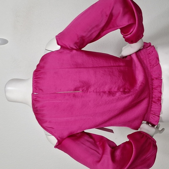 1. State 'NEW" Pink Coquette Romantic Smocked Satin Cold Shoulder Blouse Size XS - Picture 6 of 15